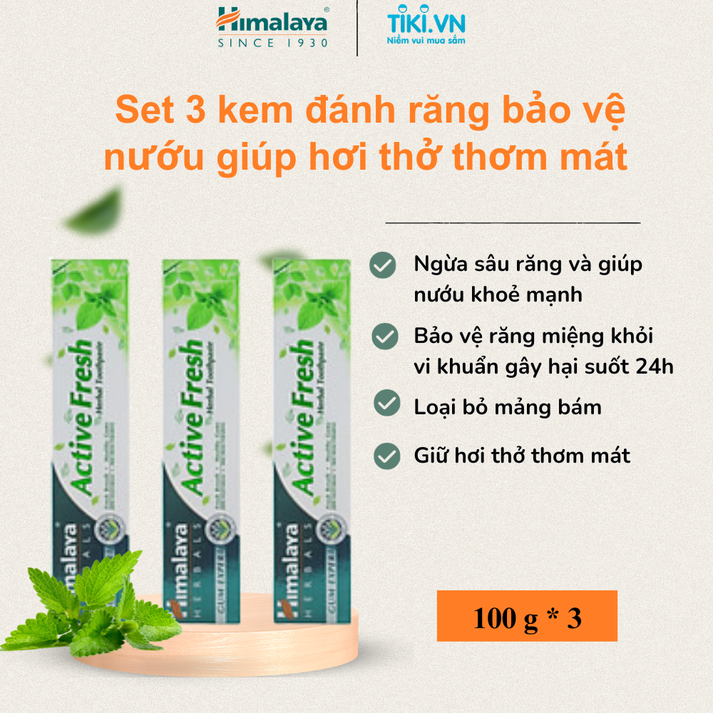 Combo 3 tuýp kem đánh răng bảo vệ nướu giúp hơi thở thơm mát - Himalaya Active Fresh Herbal Toothpaste 100g