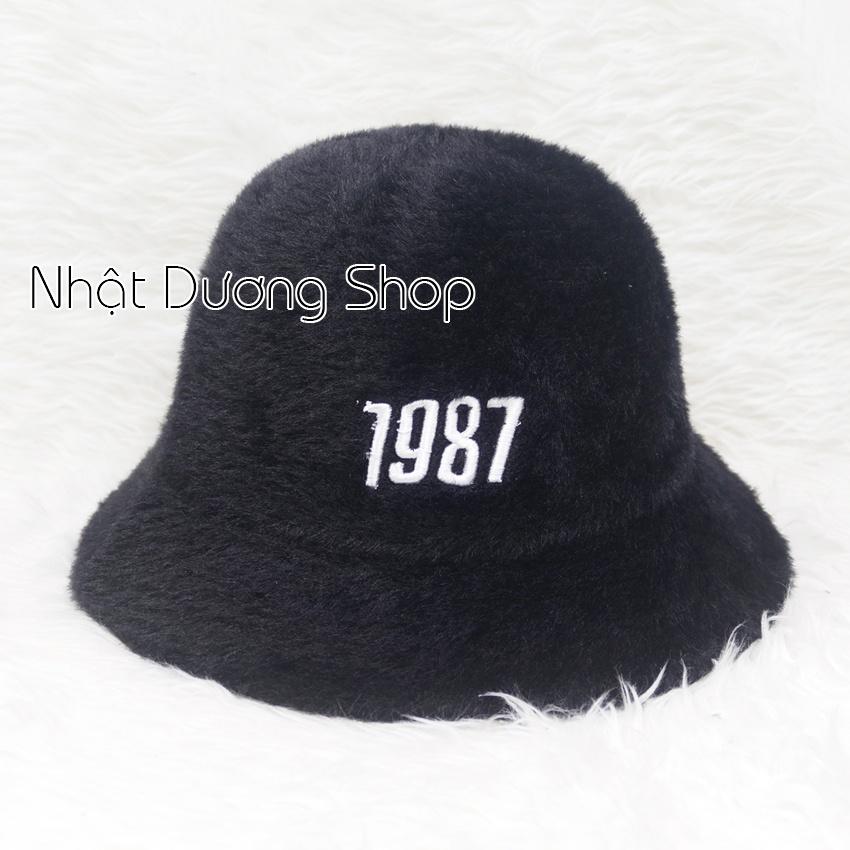 Nón Lông Thỏ Bucket Nữ Thời Trang Cao Câp, nón tai bèo vành cụp lông thỏ hàng quảng châu thêu số 1987