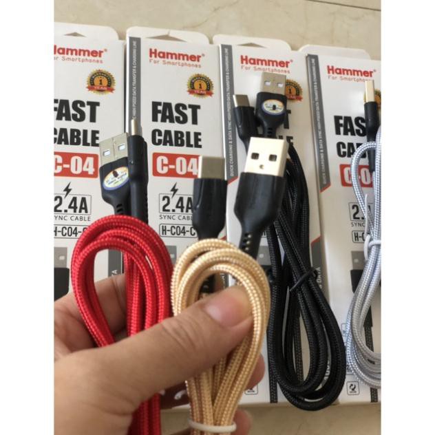 Dây sạc nhanh Ham mer C04 các loại chân cắm Type C, dòng điện 5v-2.4A, dây dù check Qr kiểm tra hàng chính hãng