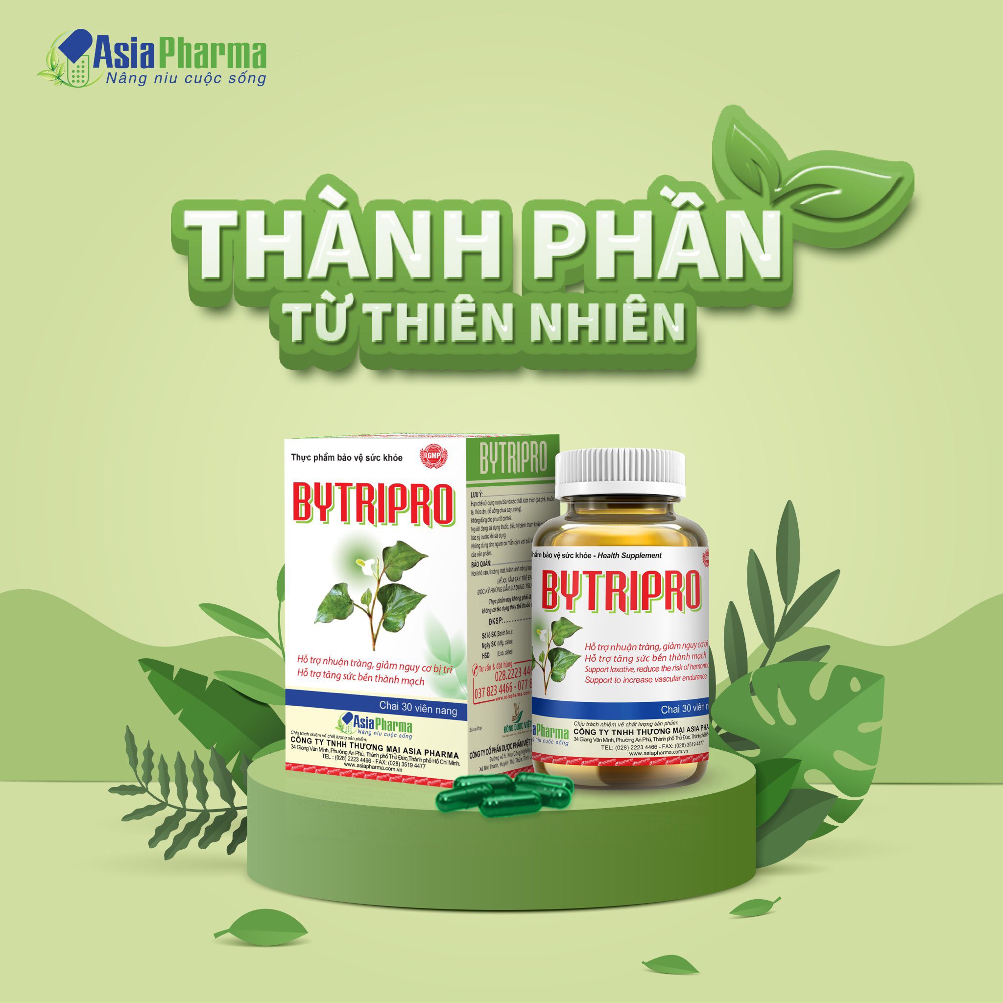 Viên uống tiêu trĩ, giảm táo bón nhuận tràng Bytripro Asia Pharma hỗ trợ cho người bị trĩ - Hộp 30 viên