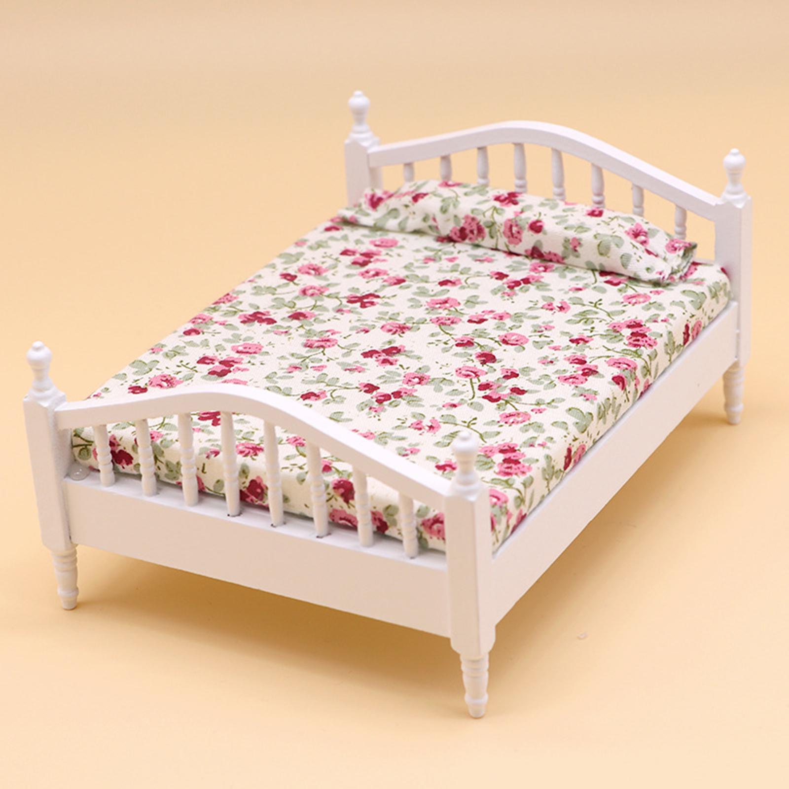 Dollhouse Miniature Bed Single Bed Model DIY Scene Model White and Pink
