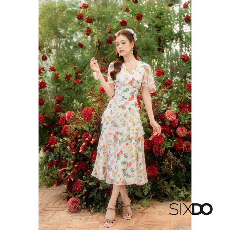 Đầm hoa voan bèo tầng thời trang SIXDO