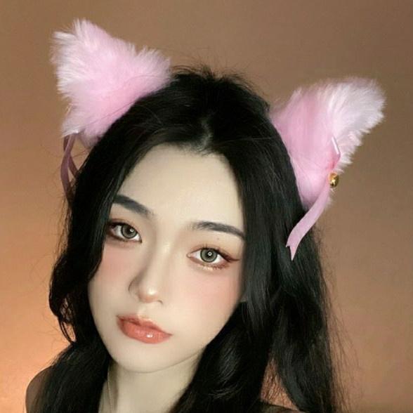 Cài tóc tai Cáo lông mềm xinh xắn kèm nơ lụa mini và lục lạc xinh xắn, phụ kiện cosplay