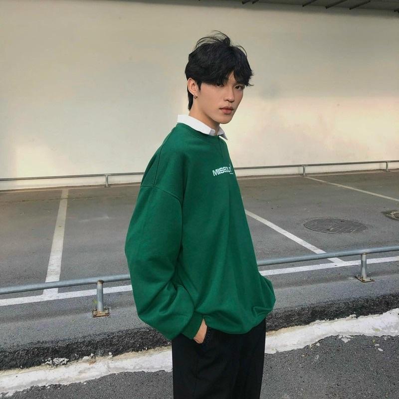 Áo sweater nỉ chân cua Unisex MISSOUT màu XANH LÁ/NÂU/KEM/XÁM Nam nữ unisex Áo missout tay dài