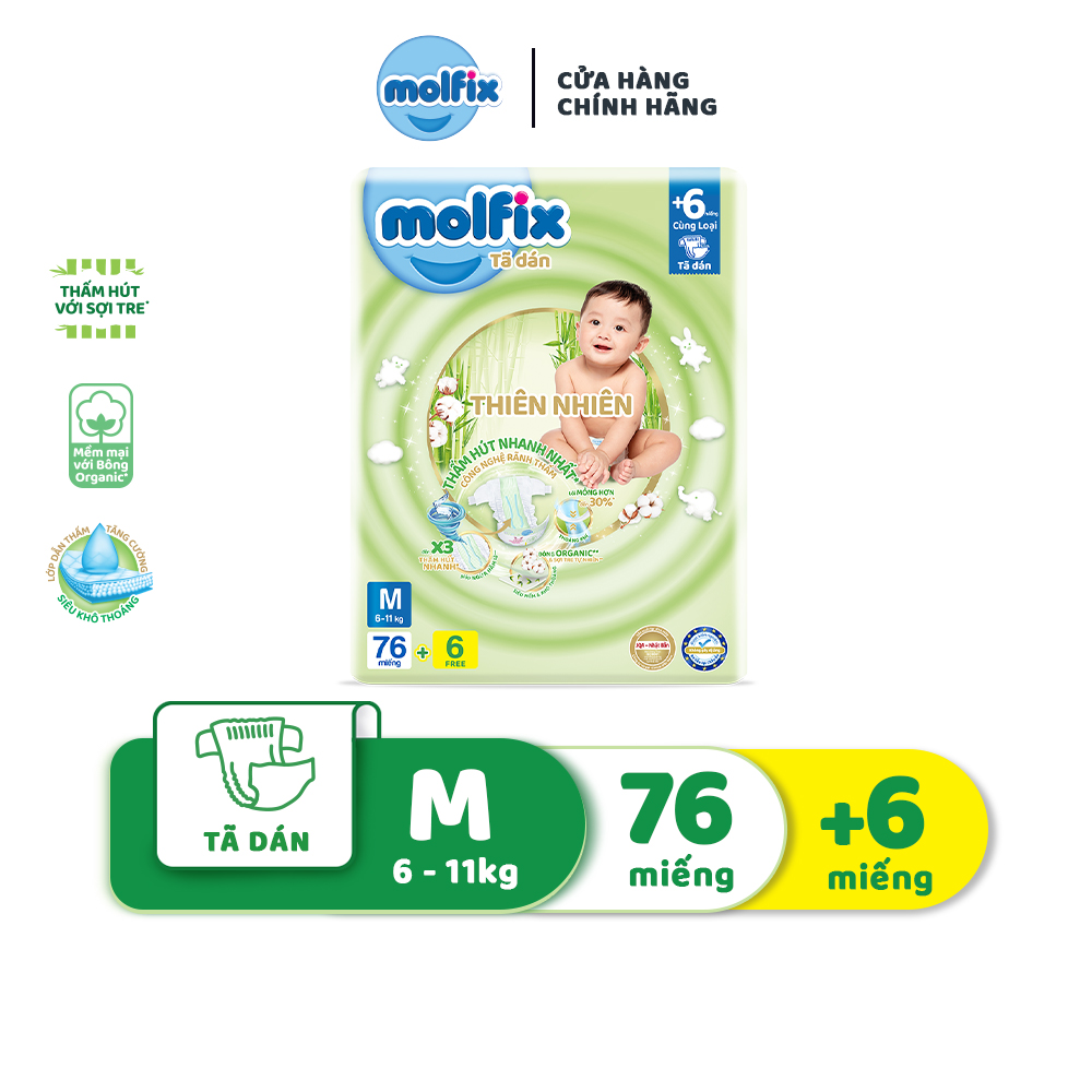 Tã/bỉm dán Molfix Thiên nhiên Super Jumbo M (6kg - 11kg) - Gói 76+8 miếng