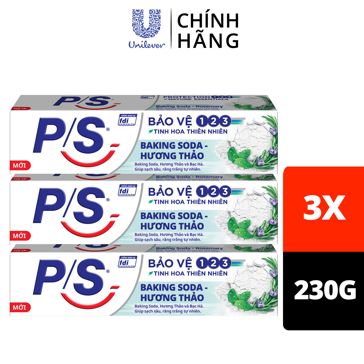Combo 3 Kem đánh răng P/S Bảo Vệ 123 Baking Soda - Hương Thảo 230g giúp làm trắng răng tự nhiên