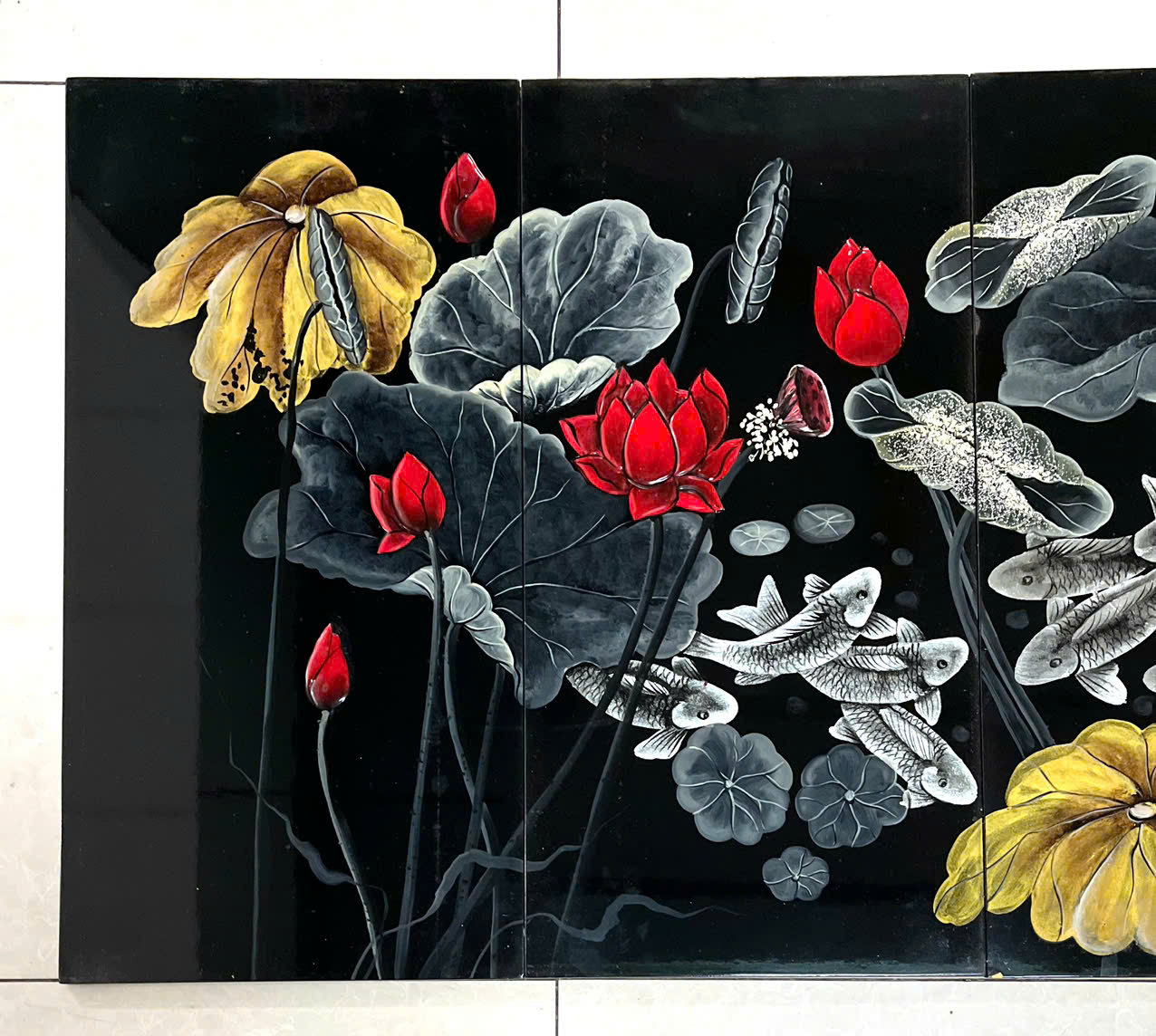 Bộ Tranh sơn mài Thanh Bình Lê 4 tấm- Hoa Sen  đắp nổi 3D size 60x120 cm hàng xuất khẩu