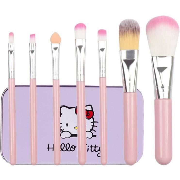 Set Cọ Trang Điểm 7 Cây kèm hộp màu hồng Hello Kitty Mini Brush Kit tặng gương trang điểm mini dễ thương tiện dụng (Hình thật thực tế sp)