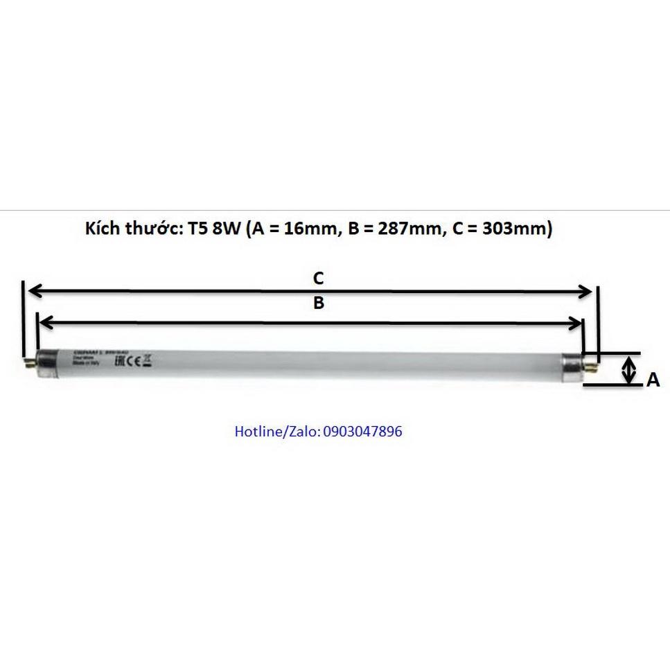 Combo 5 bóng huỳnh quang T5 8w, 288mm, ánh sáng trắng trung tính bảo vệ mắt 4100K, dùng cho đèn Exit