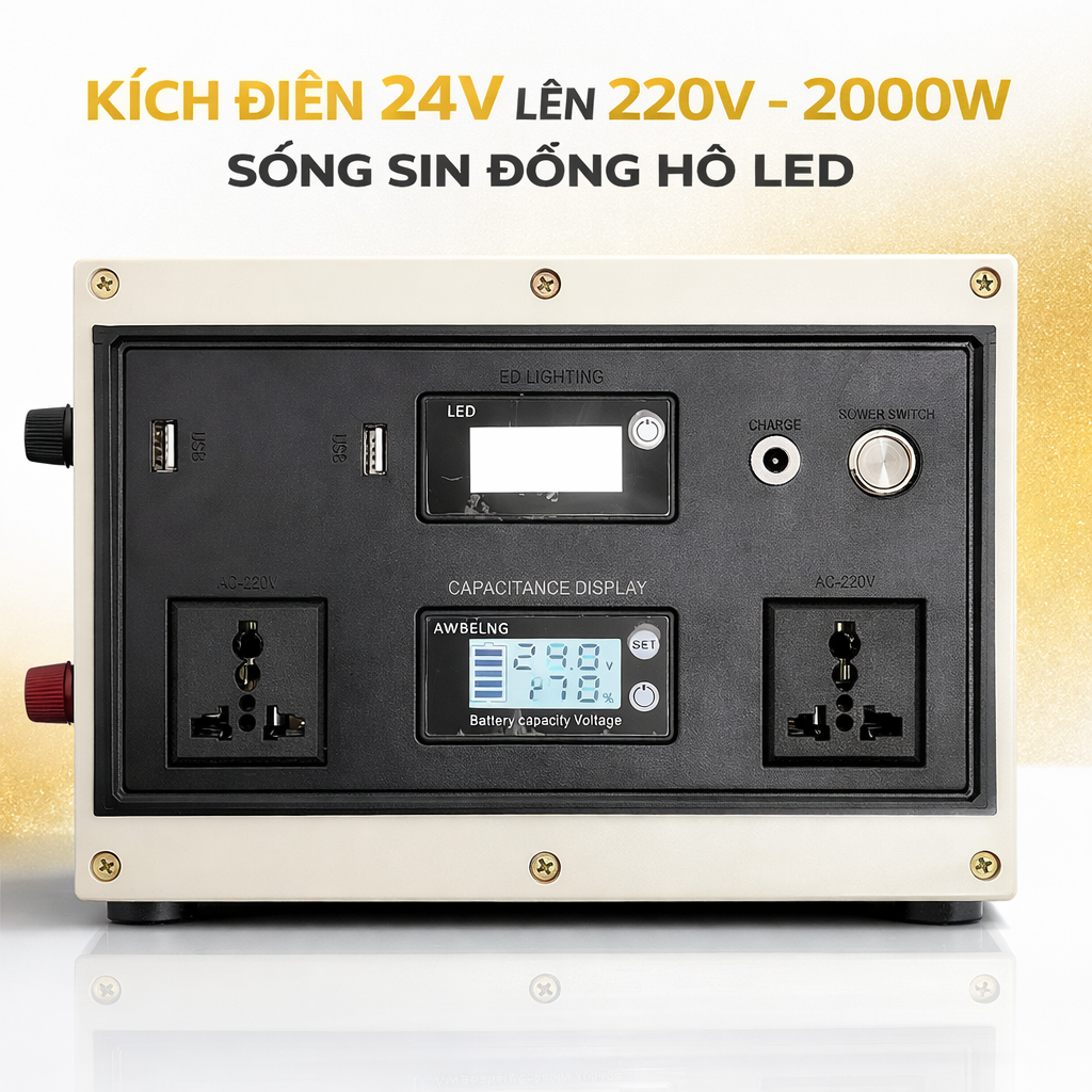 Bộ Kích Điện 24V → 220V 2000W Sóng Sin Chuẩn Nhật – Nguồn Điện Ổn Định, Có LED Hiển Thị, Dùng Cho Xe &amp; Gia Đình