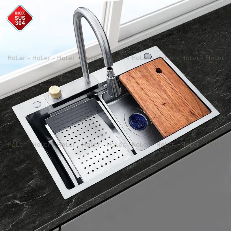 Chậu rửa bát thác nước 1 hố kèm vòi đa chế độ dòng chảy nước kèm bộ phụ kiện inox 304 cao cấp