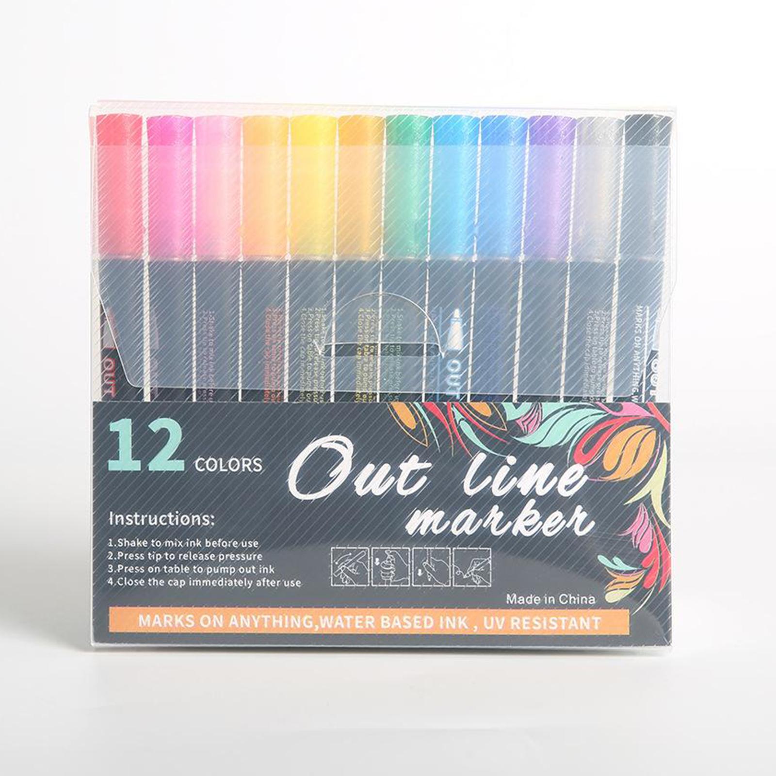 Double Line Outline Pens 12 Colors Glitter Pen with Self-contouring Markers