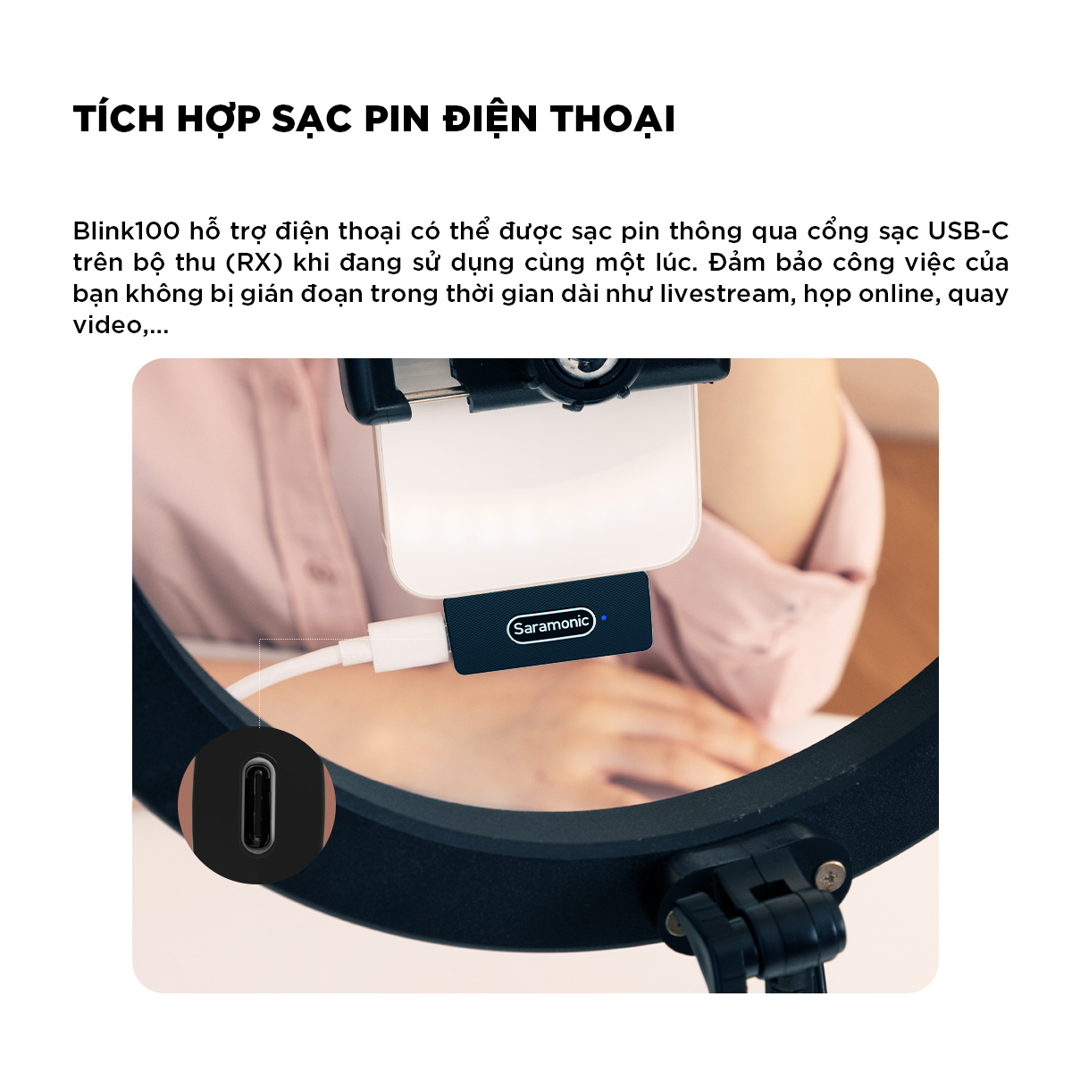 Micro Thu Âm Không Dây Saramonic Blink100 - Dành Cho Máy Ảnh, DSLR Điện Thoại, Laptop - Khử ồn Thông Minh - Hàng Chính Hãng