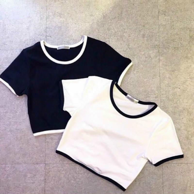 ÁO CROPTOP TRẮNG ĐEN - BODY NỮ CỔ TRÒN THUN GÂN