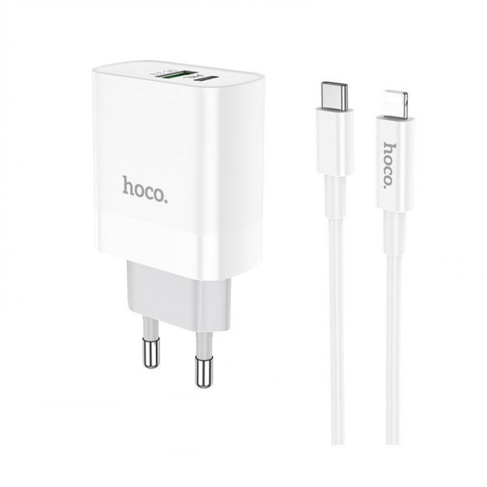 Bộ sạc nhanh PD20W Hoco C80A chuôi tròn 2 cổng USB/Type-C kèm dây sạc Type-C to Lightning dành cho iPhone - Hàng chính hãng