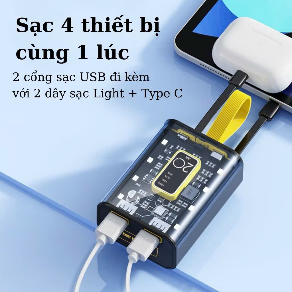 Sạc Dự Phòng 20000mAh Dung Lượng Pin Lớn Vỏ Trong Suốt Tích Hợp Dây Sạc Nhanh Cho Nhiều Thiết Bị có đèn báo, phát sáng - HÀNG CHÍNH HÃNG