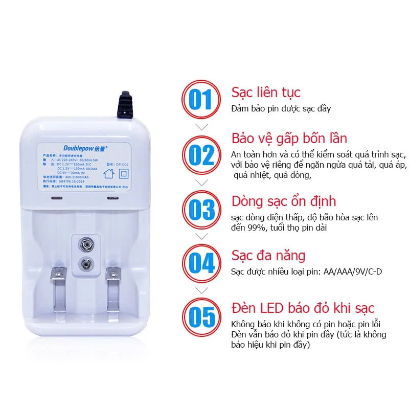 Bộ Sạc Pin Đa Năng Doublepow Thông Minh Bjảo Vệ Pijn, - Tự Ngắt, Đèn Báo, Chất Lượng Cao, ĐÈN TRANG TRÍ