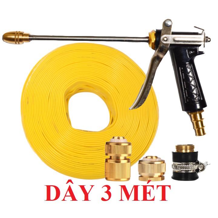 Bộ dây vòi xịt nước rửa xe, tưới cây . tăng áp 3 lần, loại 3m, 5m 206318Vđầu đồng, cút đồng - Vòi dài, vàng dẹt3m