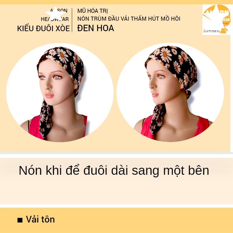 Nón hóa trị vải mềm mát, hút mồ hôi, bệnh nhân ung thư, chemo hat, cancer hat, nón trùm đầu, mũ vải [KIỂU ĐUÔI XÒE-ĐEN HOA]