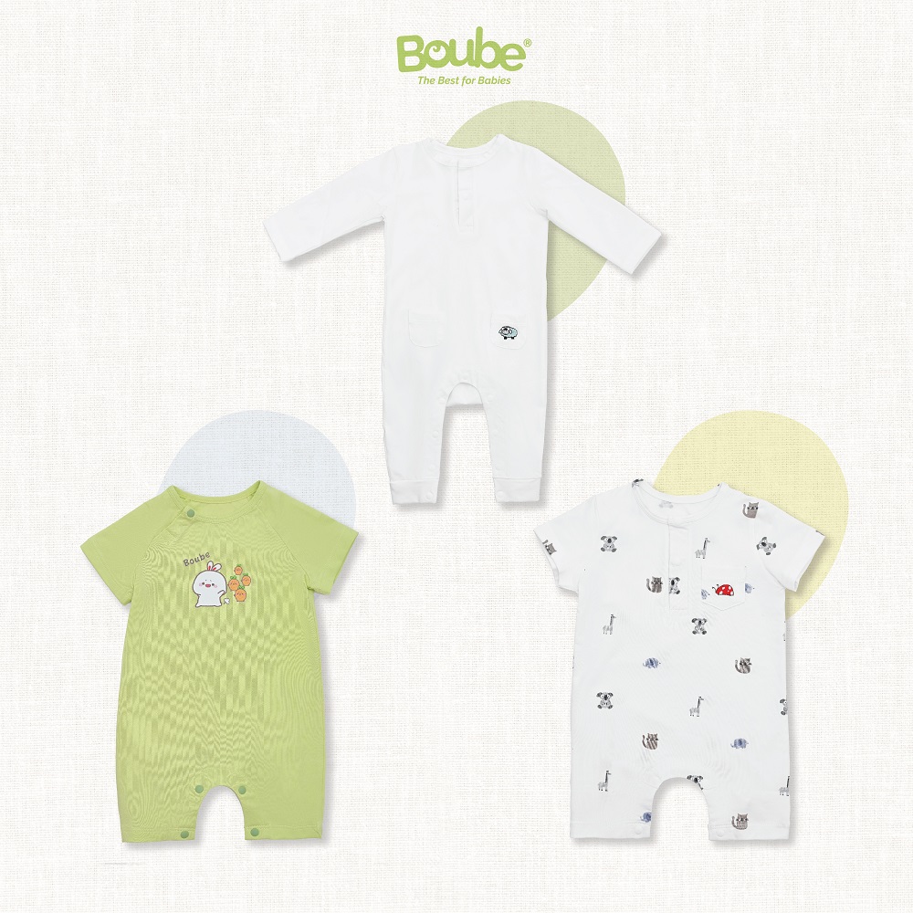 Combo tiết kiệm bộ body dài tay và cộc tay nhiều màu sắc cho bé sơ sinh Boube, Vải cotton organic thoáng mát- Size 0-12M