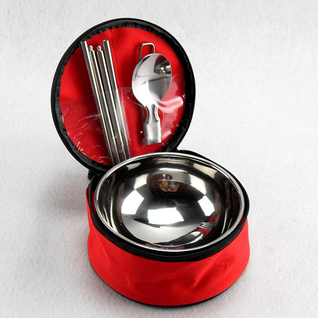 Portable Travel Set Stainless Steel Bowl Chopsticks Spoon Camping Tableware