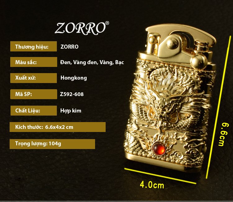 Vỏ Hột Quẹt Bật Lửa Xăng Đá Cối Xoay Zorro Z592-608 Đánh Lửa Tự Động Hình Rồng Cuộn Nhả Ngọc May Mắn