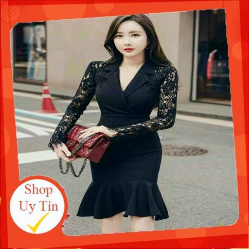 ĐẦM ÔM ĐUÔI CÁ CỔ VEST PHỐI REN MI