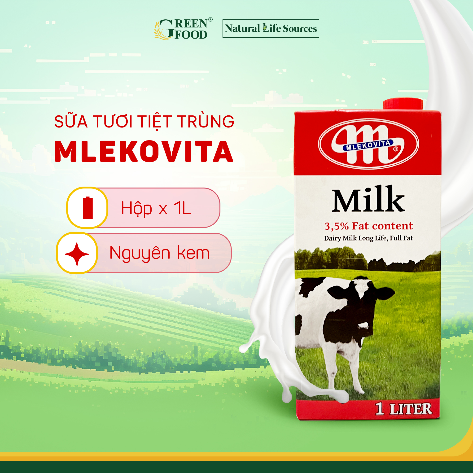 Thùng 12 Hộp Sữa Tươi Tiệt Trùng Mlekovita Nguyên Kem 1L - Độ béo 3.5%, Giàu Canxi, Nhập Khẩu Ba Lan