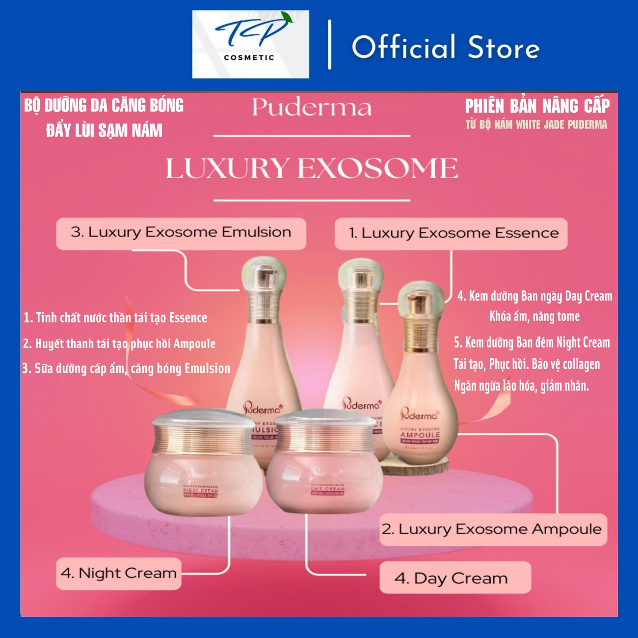 Kem Dưỡng Da Ngày và Đêm Luxury Exosome Puderma, phiên bản nâng cấp từ Kem Xóa NÁM WHITE JADE PUDERMA 50ml: làm mờ vết thâm sạm, nám, tàn nhang giúp làn da trắng sáng, căng bóng, nâng cơ săn chắc và đẩy lùi quá trình lão hoá