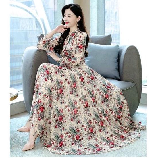 HÀNG NHẬP - ĐẦM MAXI VOAN HOA TAY DÀI CỔ VIỀN BÈO THẮT DÂY NƠ