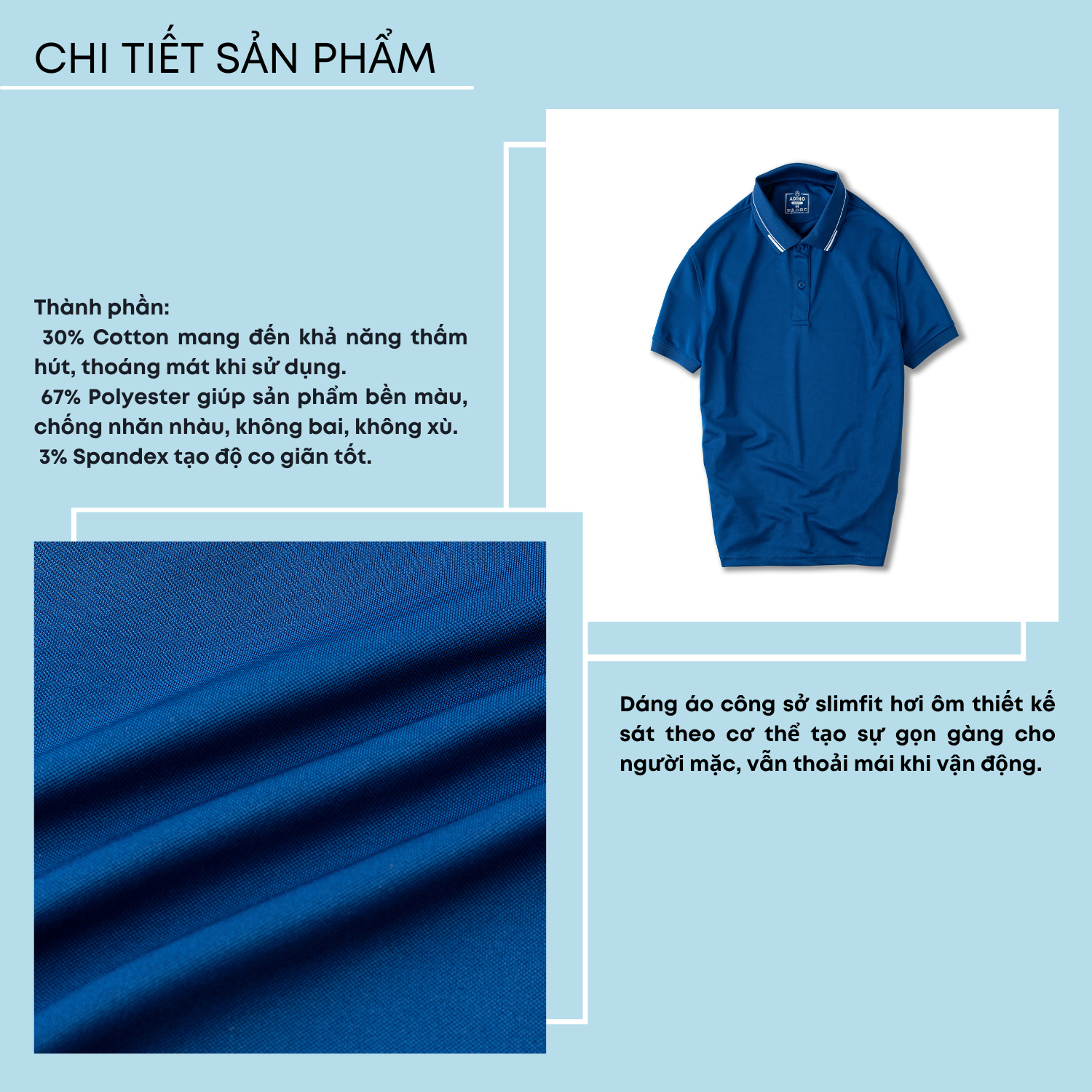 Áo thun có cổ nam màu xanh dương phối viền ADINO vải polyester cotton mềm mịn dáng slimfit công sở trẻ trung AP96