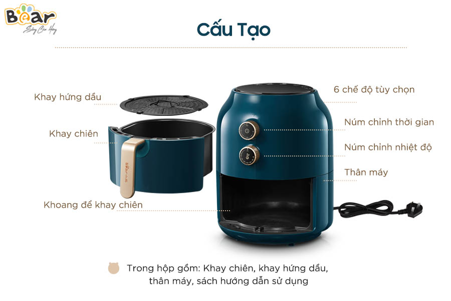 Nồi Chiên Không Dầu BEAR QZG-F15H1 Dung Tích 5 Lít Công Suất 1500 W - Hàng Nhập Khẩu