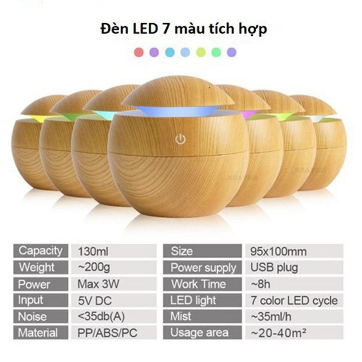 Máy khuếch tán tinh dầu - Máy tạo độ ẩm bình vân gỗ led 7 màu - Kem - Lọ Hoa - GDHN Loại Tốt