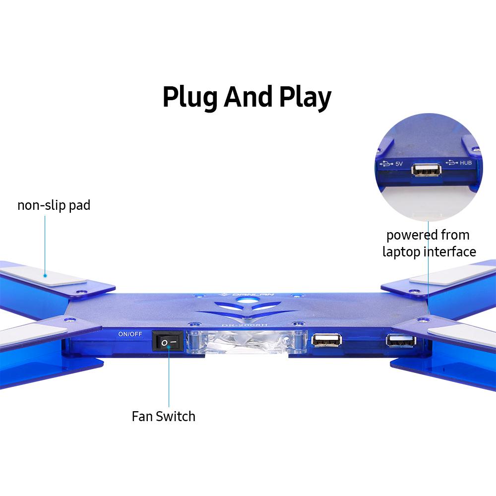 Tấm làm mát máy tính xách tay di động USB Được hỗ trợ bởi Quạt LED đơn 60mm Màu xanh lam DR-2008H