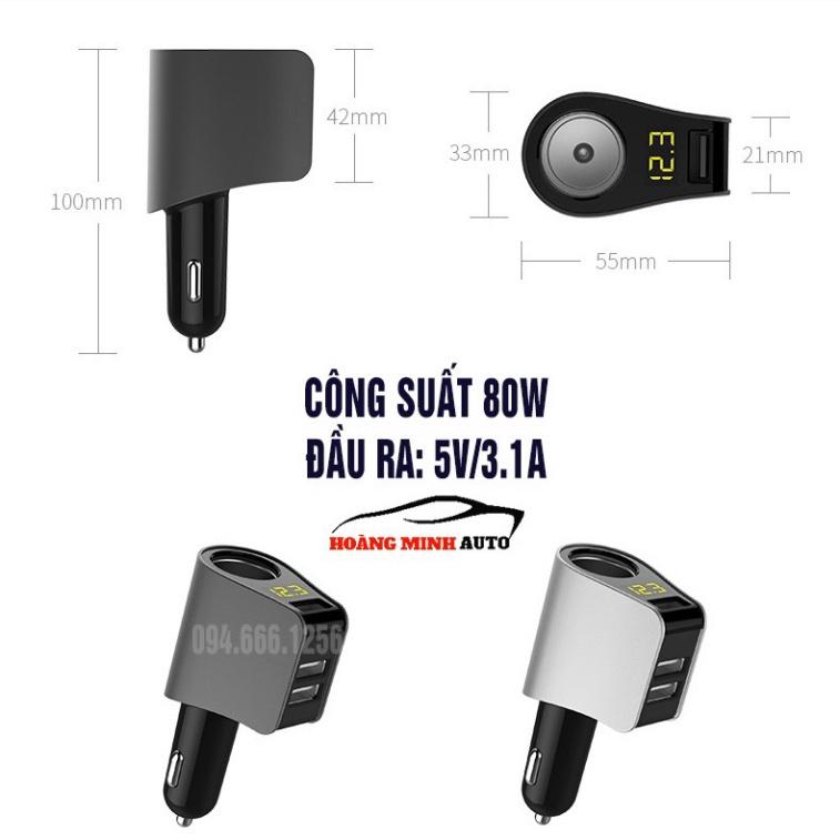 Tẩu Sạc ô tô, xe hơi Hyundai - Có Đèn Led Báo Điện Áp Ắc Quy - Đầu ra 3 cổng USB, 1 cổng tẩu tròn - sạc nhanh