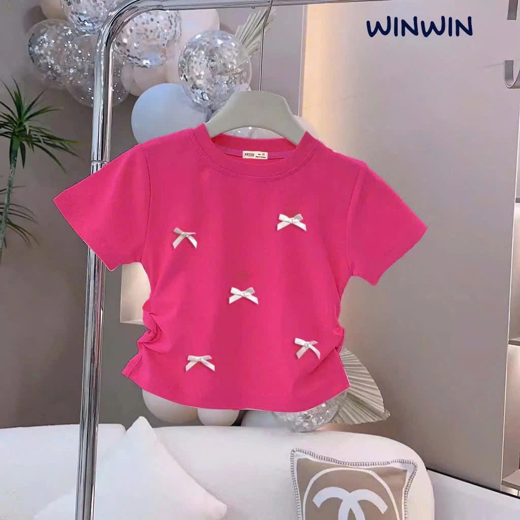 ÁO THUN CROPTOP KIỂU RÚT EO ĐÍNH NƠ NHÍ HOTTREND TỪ 8-45KG DÀNH CHO BÉ GÁI
