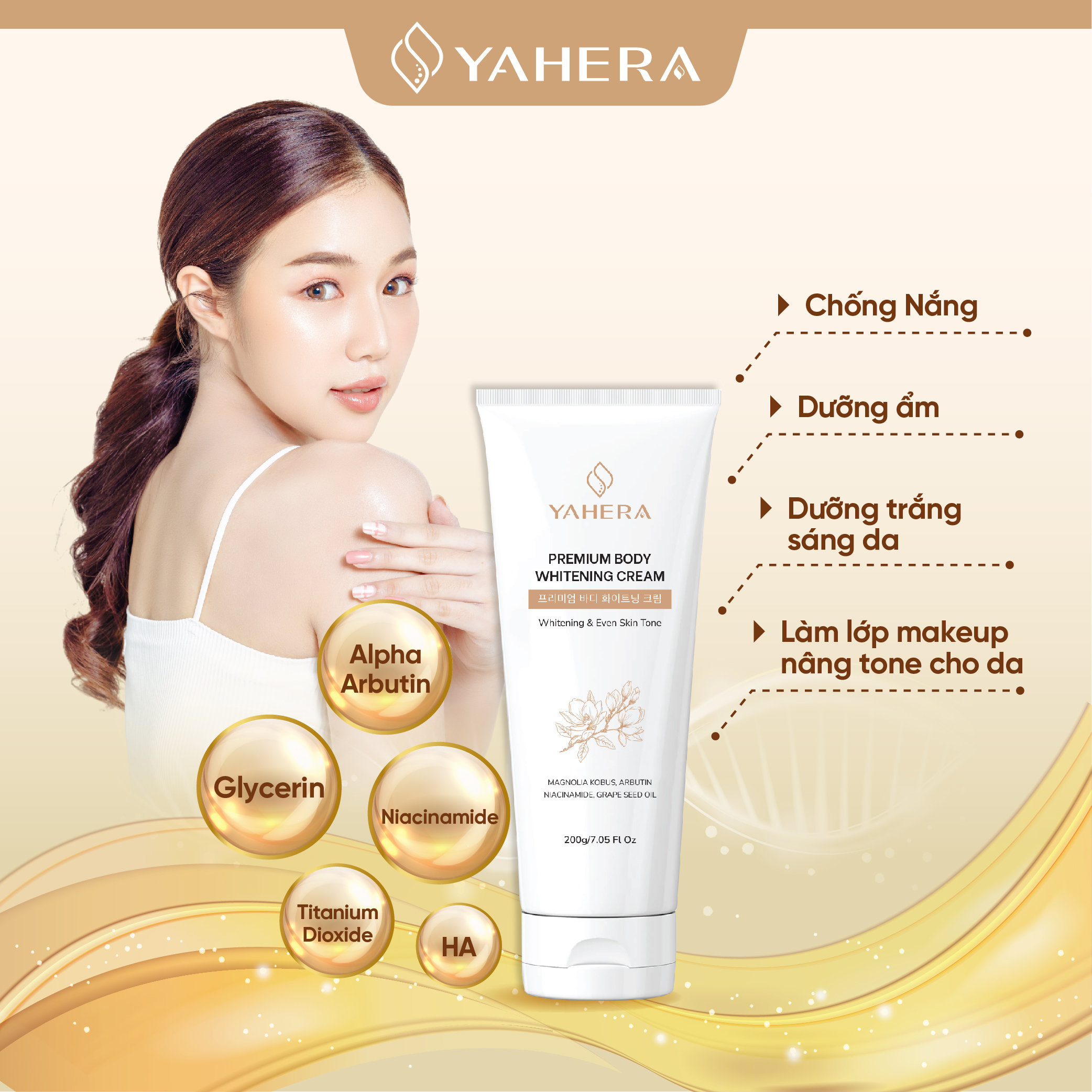 Kem dưỡng trắng da toàn thân YAHERA Premium Body Whitening Cream giúp dưỡng trắng, dưỡng ẩm, chống nắng, chống lão hóa, da mềm mịn màng hơn 200g