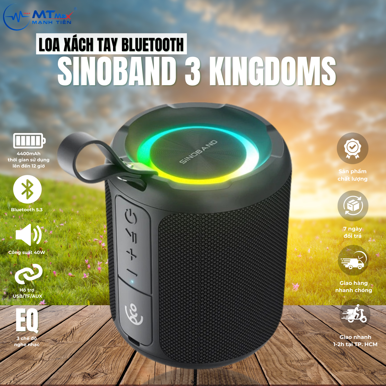 Loa Xách Tay Sinoband 3 Kingdoms Công Suất 40W, Bass Trầm Ấm, Công Nghệ IPX6 Kháng Nước Hiệu Quả, Tích Hợp Led RGB Hiện Đại, Dễ Dàng Nghe Nhạc, Mang Đi Du Lịch, Hàng Chính Hãng