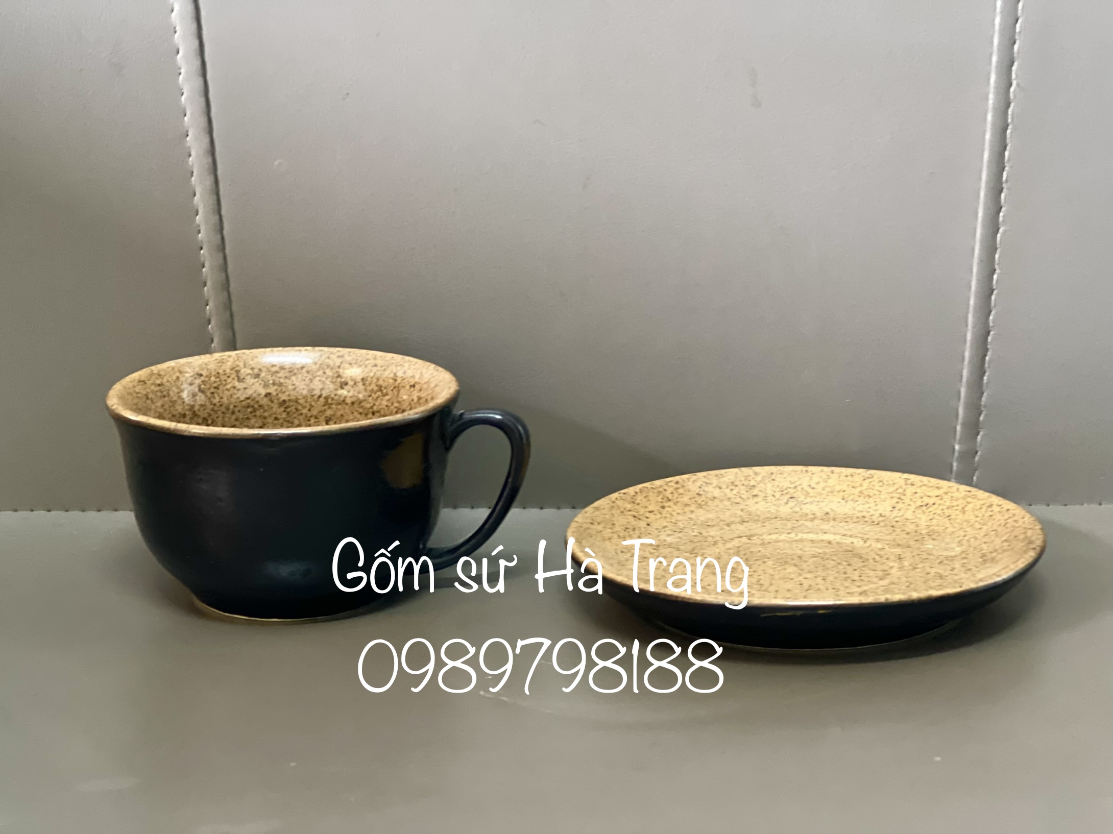 Bộ tách cafe gốm sứ Bát Tràng cao cấp men đen lòng nâu gốm hạt tiêu dung tích 160ml