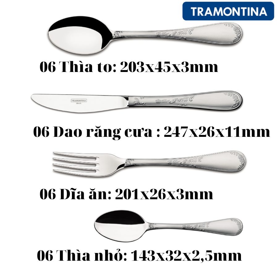 Bộ Dao Thìa Dĩa Ăn Bít Tết Tramontina RENASCENCA Gồm 24 Món Khắc Họa Tiết Sang Trọng Cao Cấp Phục Vụ Bàn Ăn Cho 6 Người Nhập Khẩu Chính Hãng Brazil