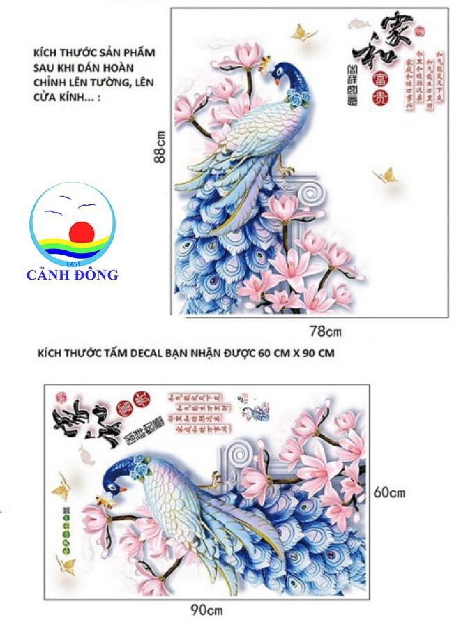 DECAL DÁN TƯỜNG HOA MẪU ĐƠN XANH VÀ CHIM CÔNG - HP922
