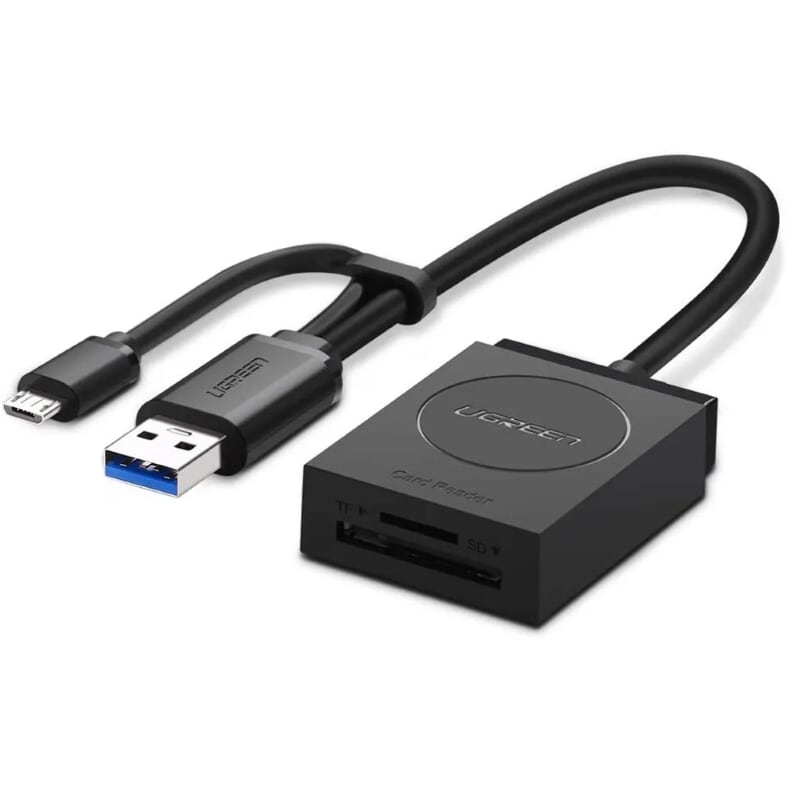 đầu đọc thẻ SD cổng USB 3.0 và micro dành cho PC và Android OTG Ugreen 127SD50415CR 15CM màu đen hàng chính hãng