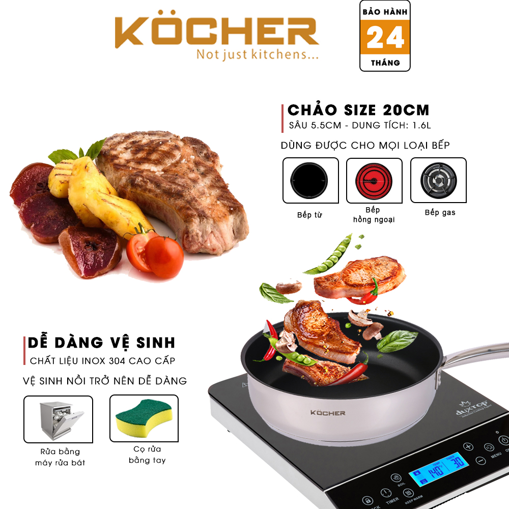 Chảo chống dính bếp từ lòng sâu cao cấp KOCHER size 20-24cm 5 lớp đáy