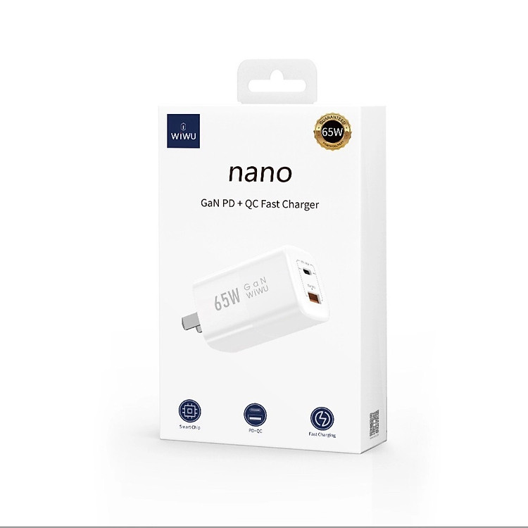 Adapter cóc củ sạc nhanh 65W PD Type-C + USB-A QC 3.0 hiệu WIWU Nano Gan - hỗ trợ sạc cùng lúc 2 thiết bị, đạt chuẩn MFI, Chip sạc AI thông minh - Hàng nhập khẩu
