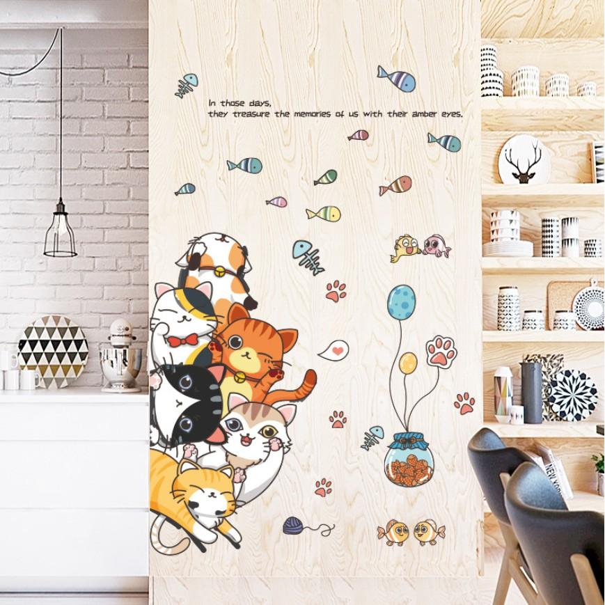 Decal dán tường trang trí - 6 CHÚ MÈO TINH NGHỊCH ĐÁNG YÊU