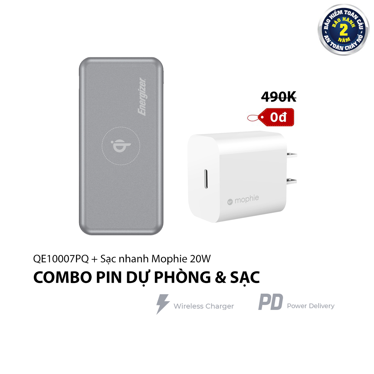 Combo Pin sạc dự phòng Energizer QE10007PQ + Củ Sạc Nhanh Mophie 20W - HÀNG CHÍNH HÃNG