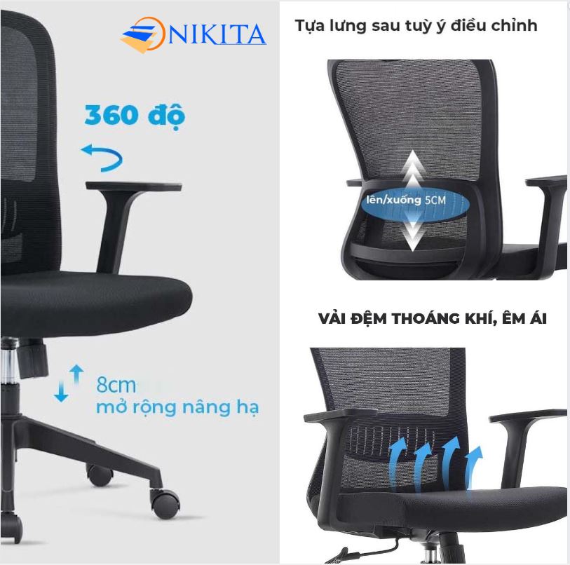 Ghế văn phòng điều chỉnh độ cao, (không kèm đầu), có giá đỡ thắt lưng giúp hỗ trợ xương khớp chính hãng Nikita