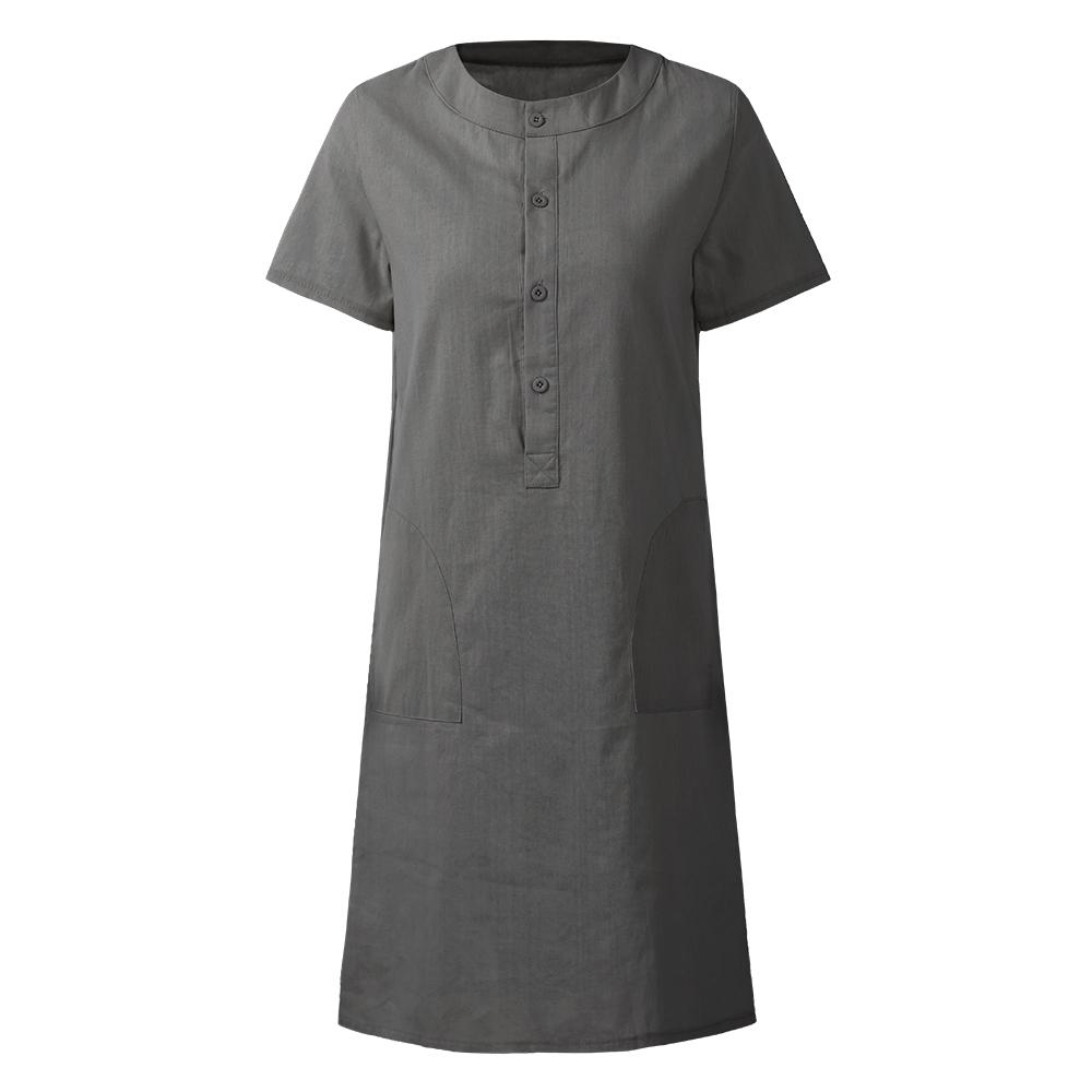 Women Linen Cotton Dress Straight Midi Dress with Button Pockets Short Sleeve Solid Plus-Size Spring Summer Casual