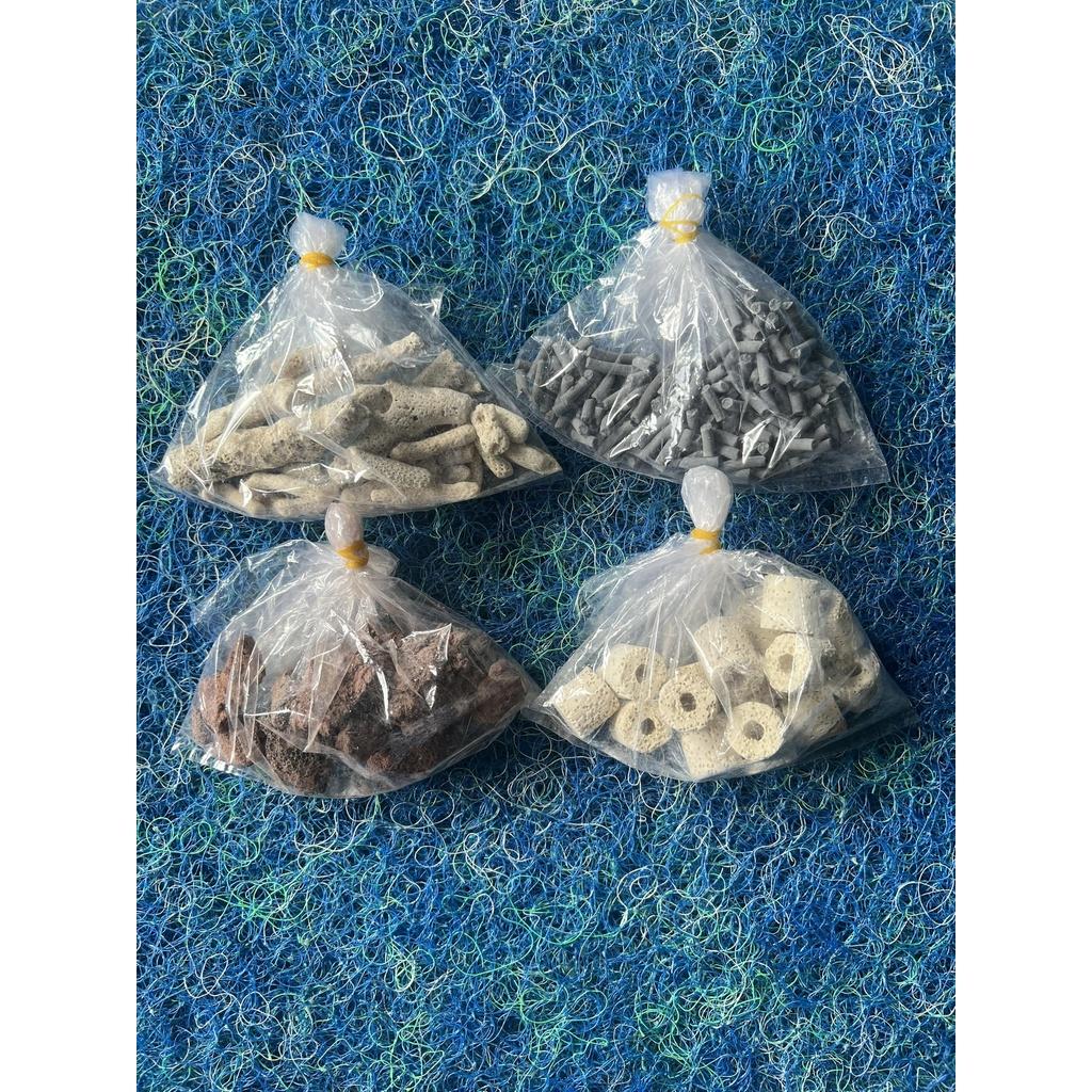 Combo 500gr 4 Loại Vật Liệu Lọc Hồ Cá: Than Hoạt Tính - Sứ Trắng - San Hô - Nham Thạch
