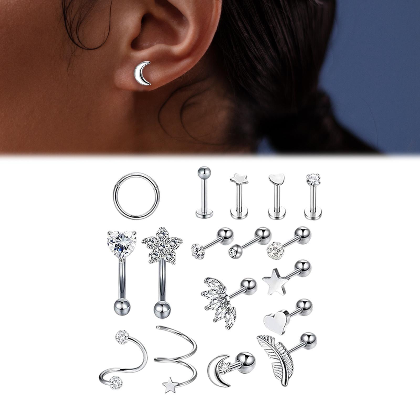 17Pcs Stainless Steel Earrings Set, Piercing Studs Piercing Jewelry, Earring Hoops, Barbell Stud, Heart Star Moon Earrings Hoop Stud Gifts